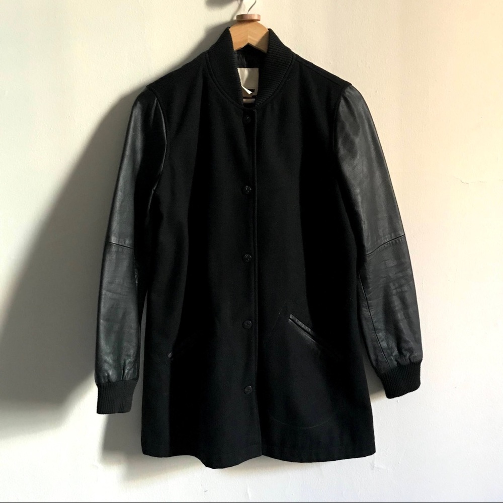 Levi’s Black Leather Baseball Long Bomber Jacket